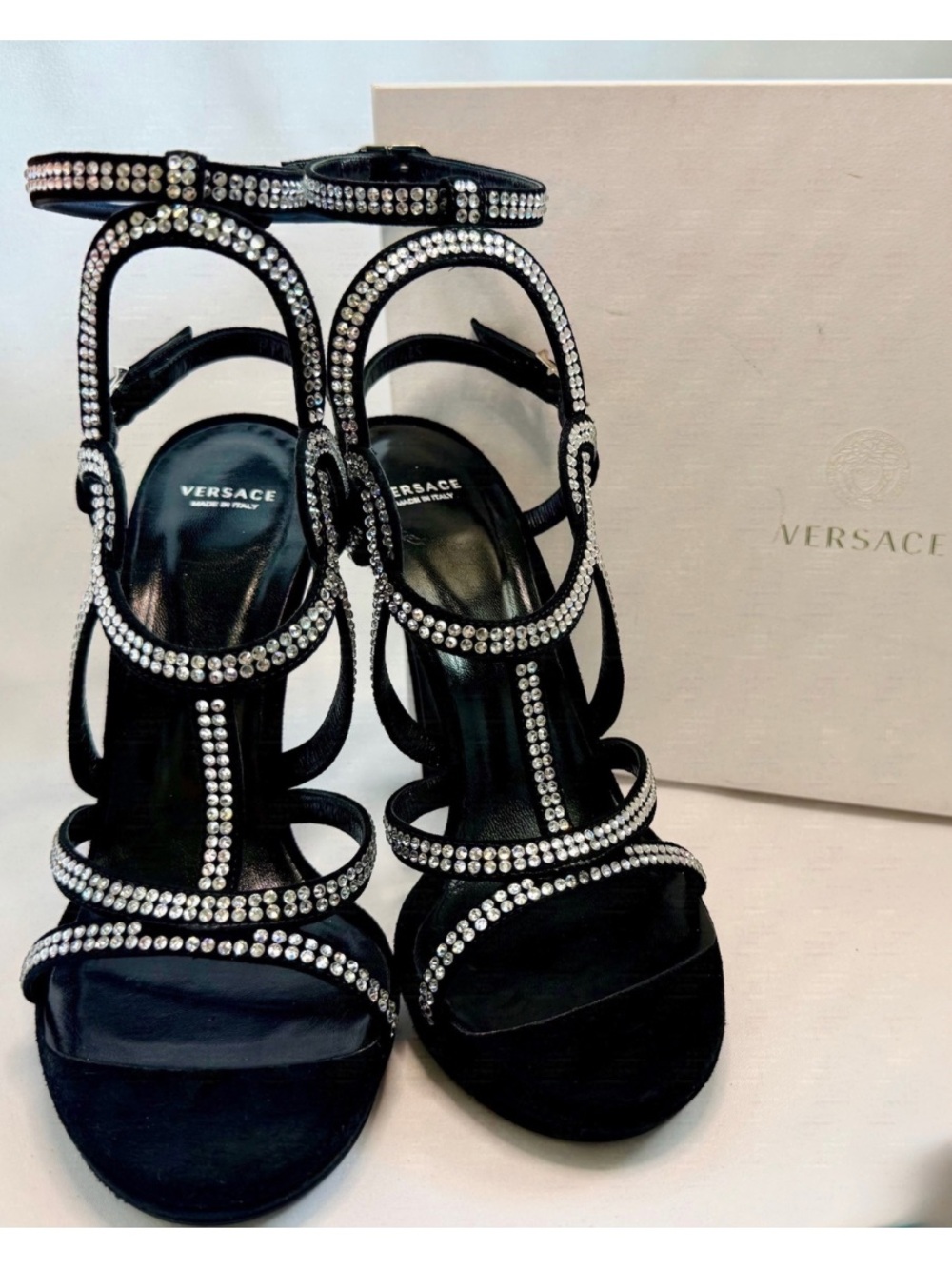 Versace Crystal Medusa Cage Stiletto Sandals Black Suede Heels w/ Box EU 39